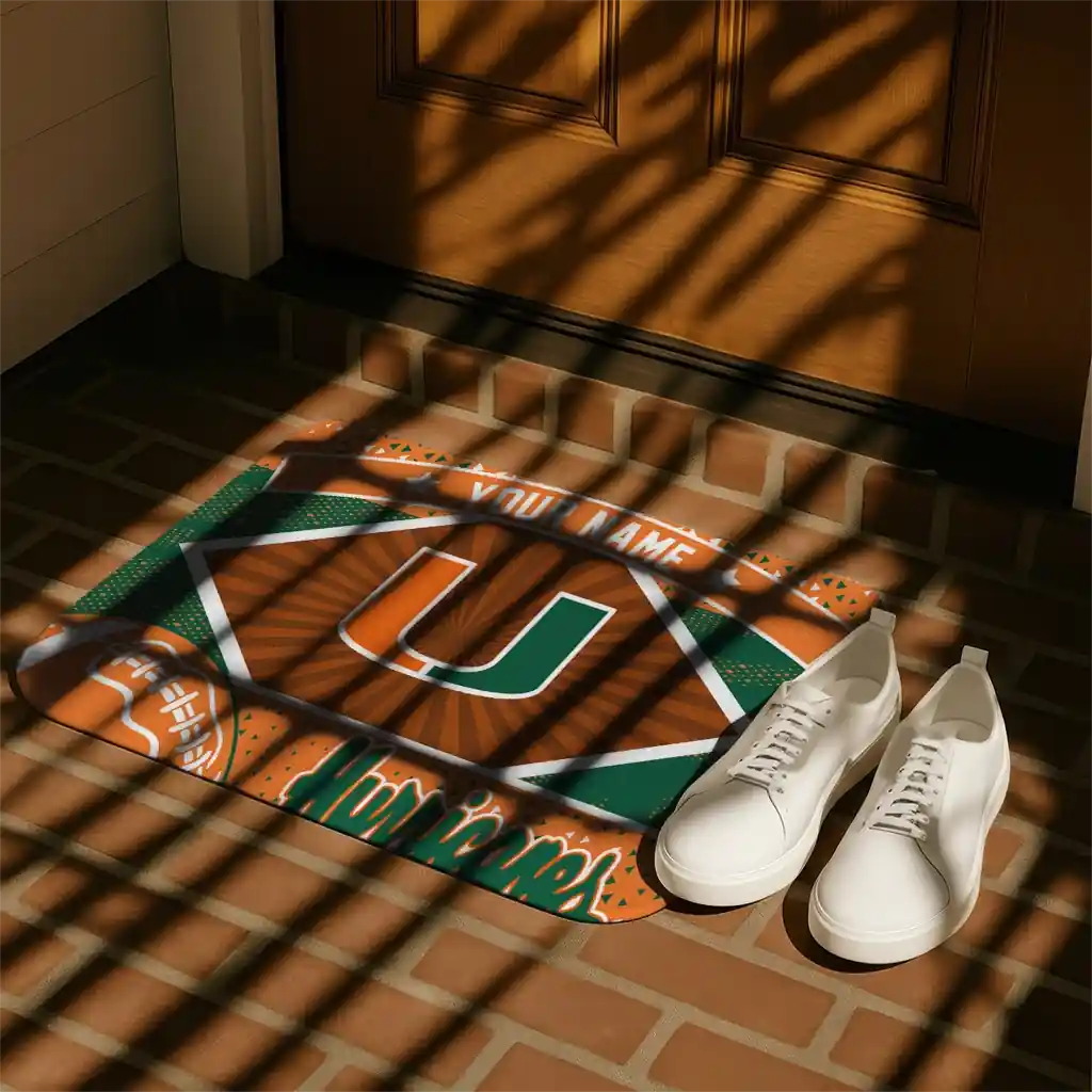 custom-miami-hurricanes-football-crest-orange-black-doormat-trendy.webp
