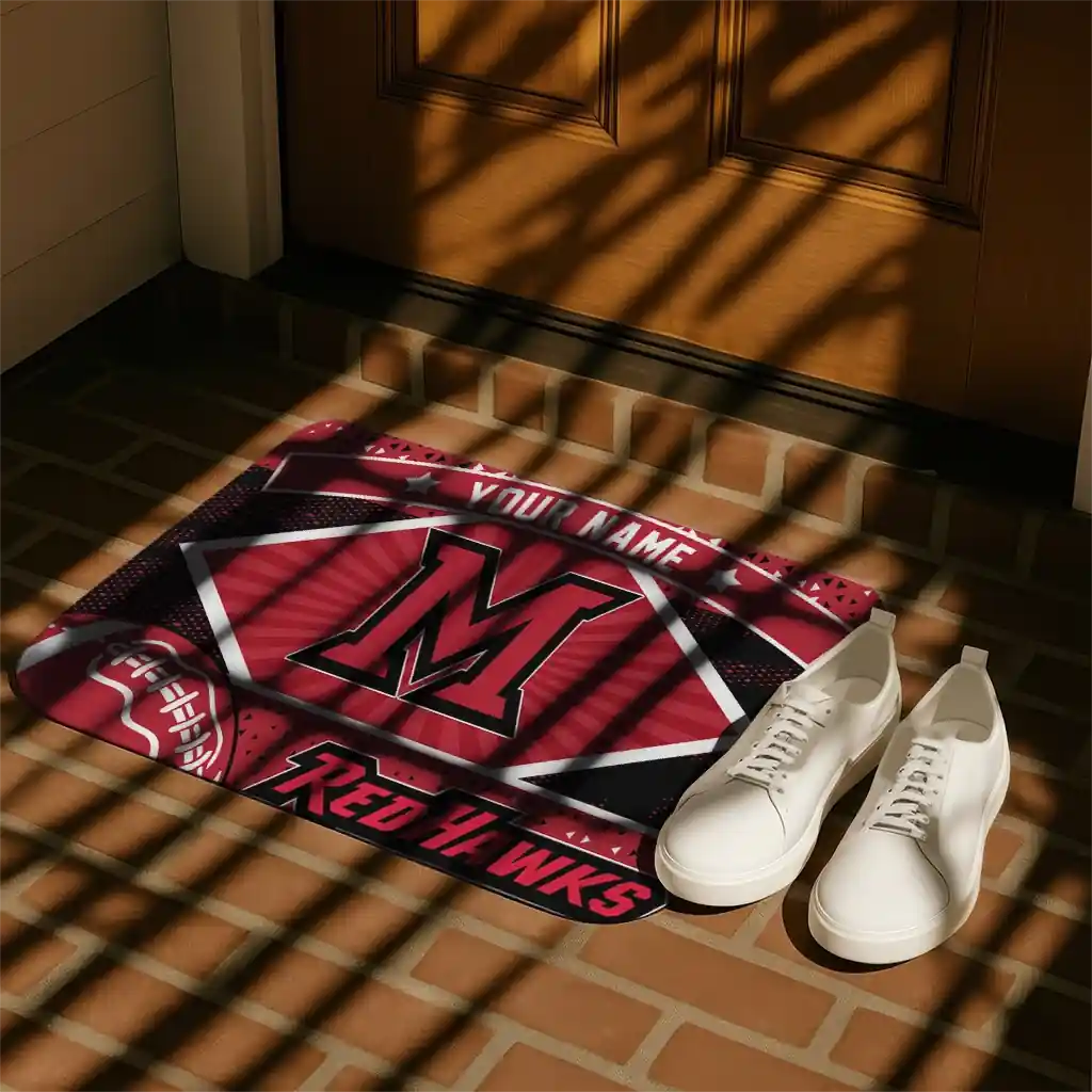 customized-miami-redhawks-football-crest-red-black-doormat-trendy.webp