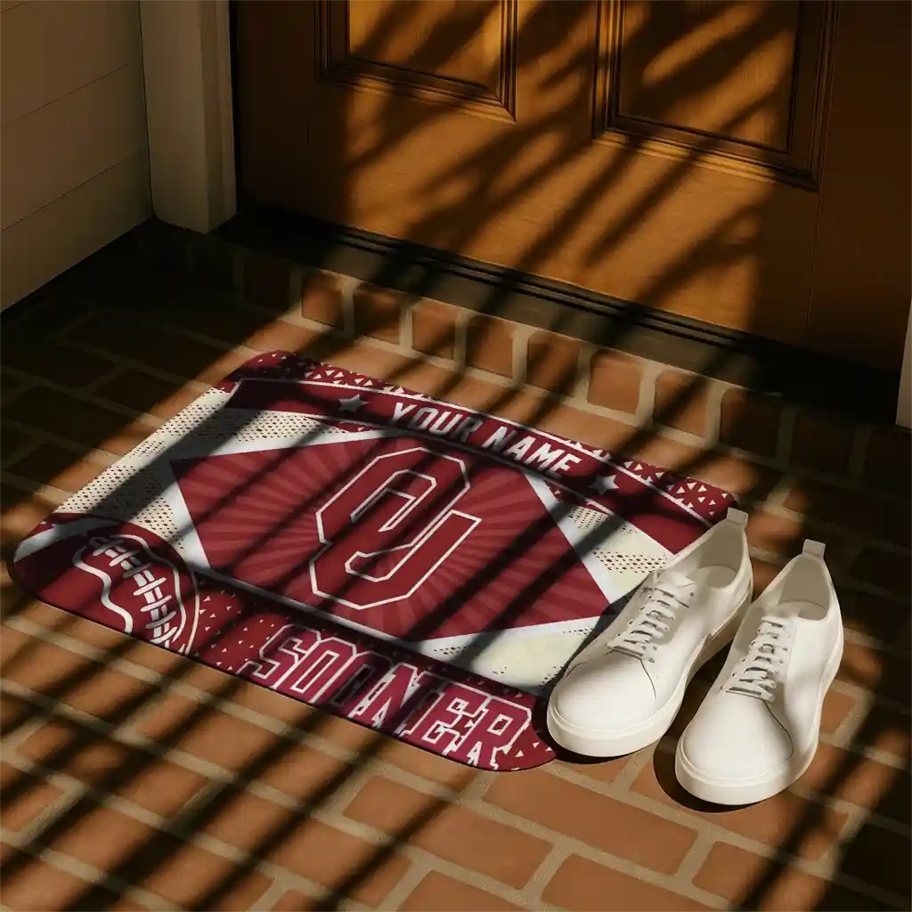 customized-oklahoma-sooners-football-crest-crimson-black-doormat-trendy.webp