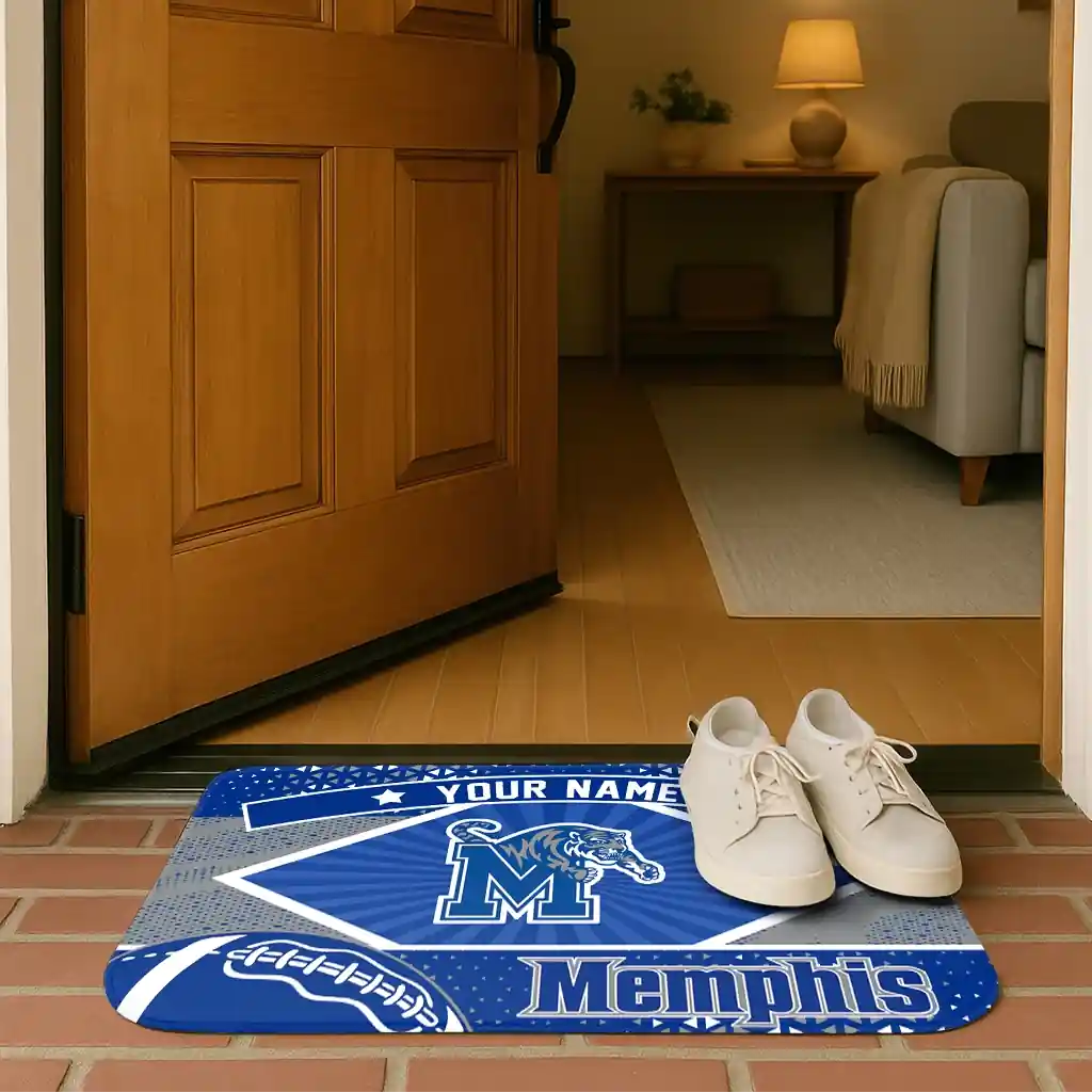 personalized-memphis-tigers-football-crest-blue-black-doormat-fashion-forward.webp