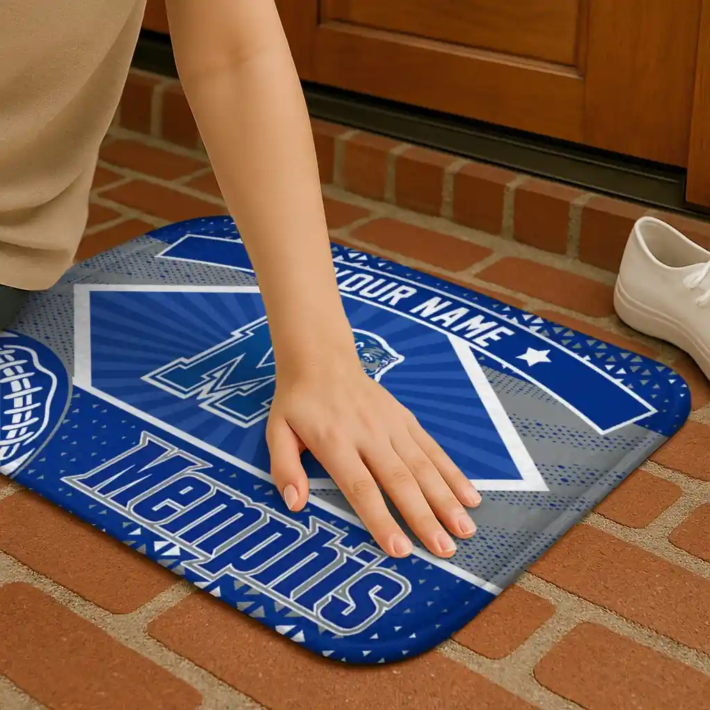 personalized-memphis-tigers-football-crest-blue-black-doormat-premium-grade.webp