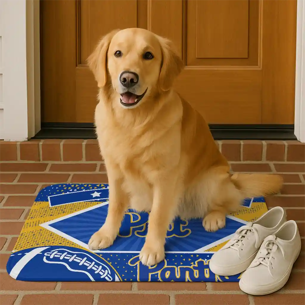 personalized-pittsburgh-panthers-football-crest-royal-blue-black-doormat-high-quality.webp