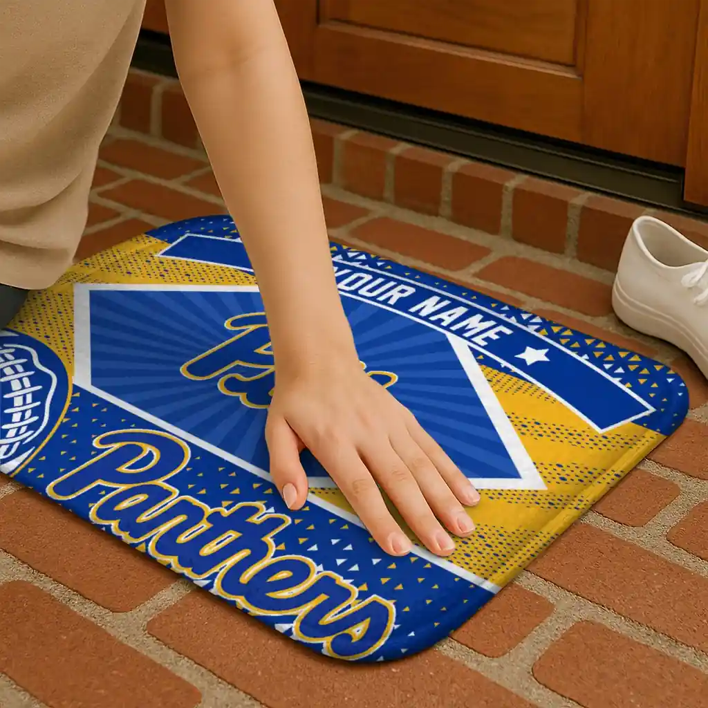 personalized-pittsburgh-panthers-football-crest-royal-blue-black-doormat-premium-grade.webp