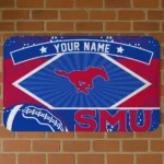 personalized-smu-mustangs-football-crest-blue-black-doormat-best-selling.webp