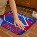 personalized-smu-mustangs-football-crest-blue-black-doormat-best-selling.webp