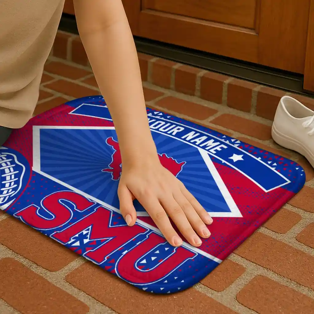 personalized-smu-mustangs-football-crest-blue-black-doormat-premium-grade.webp