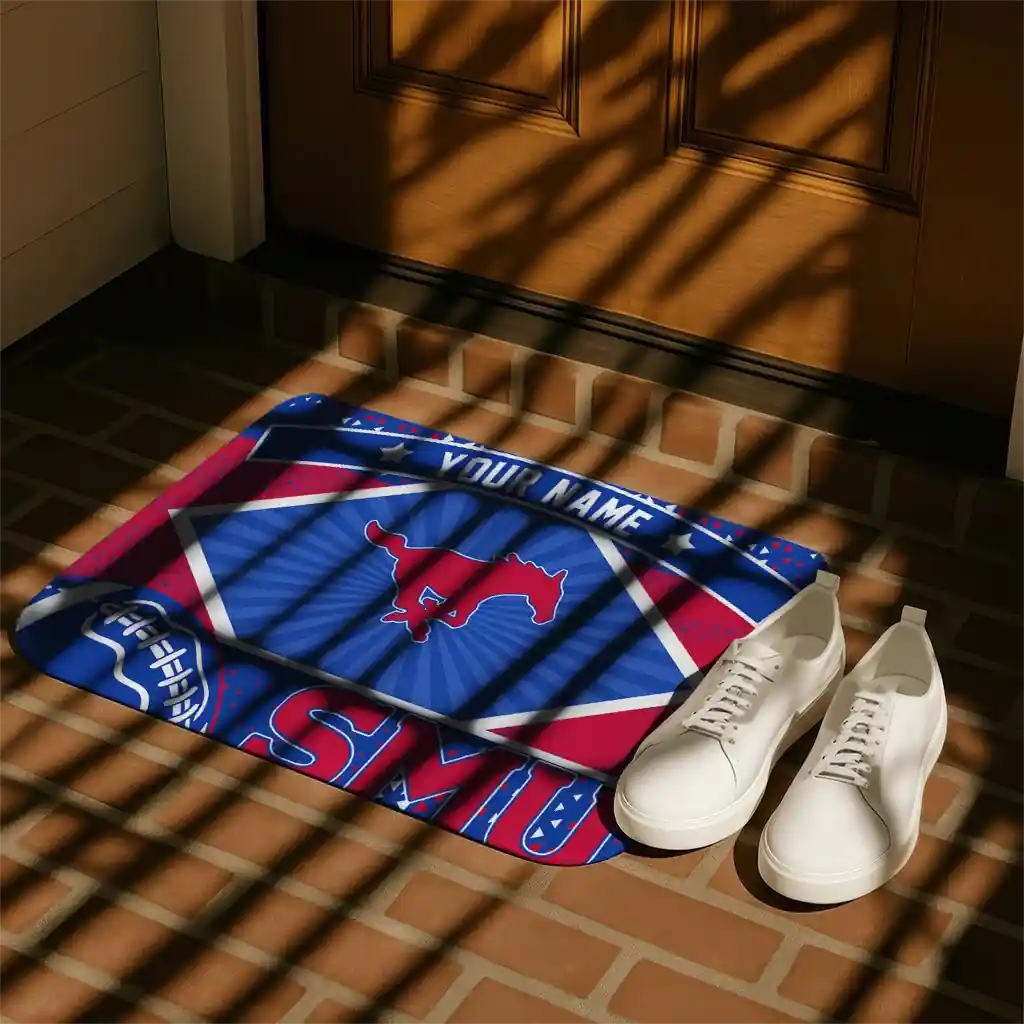 personalized-smu-mustangs-football-crest-blue-black-doormat-trendy.webp