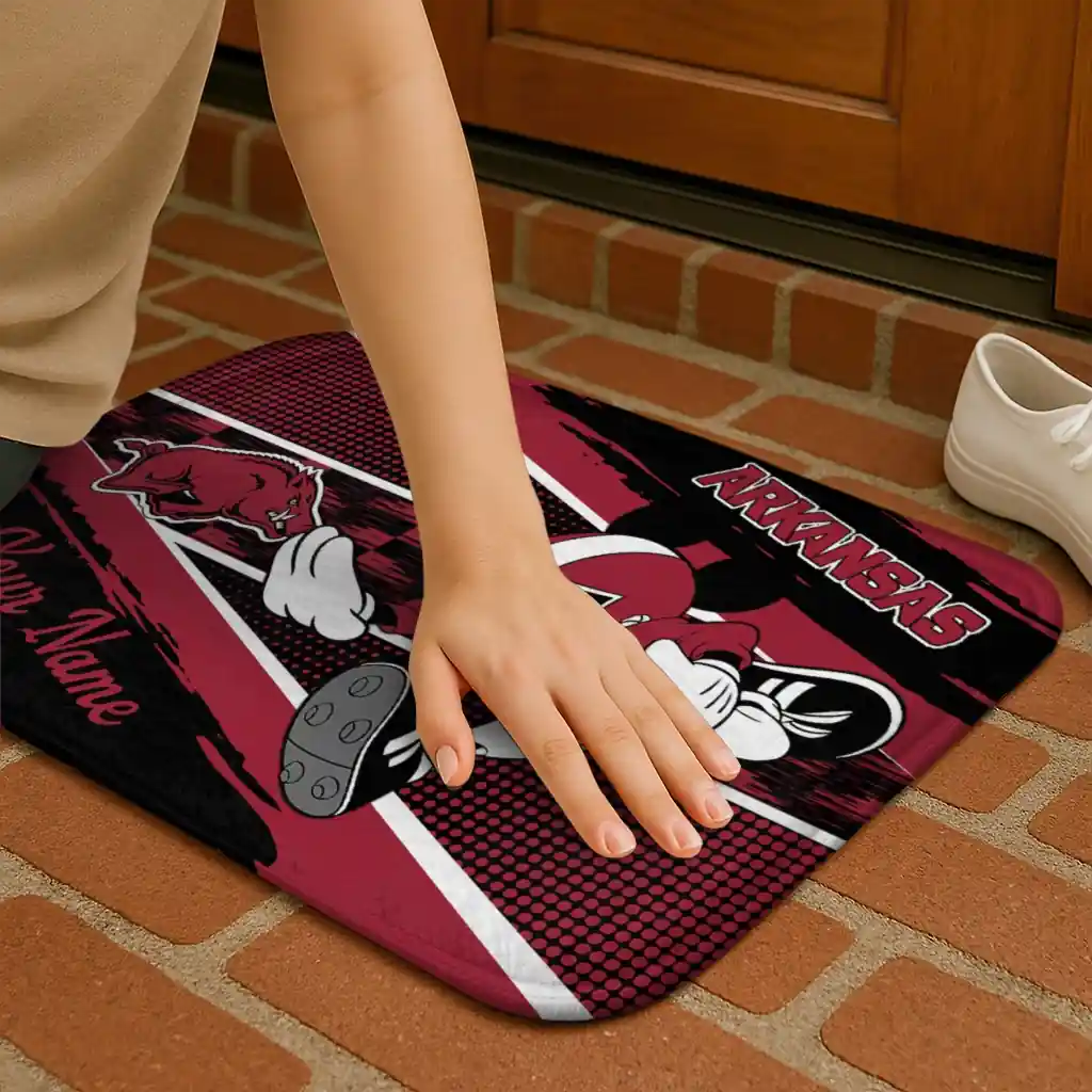 customized-arkansas-razorbacks-mickey-quarterback-red-black-doormat-premium-grade.webp
