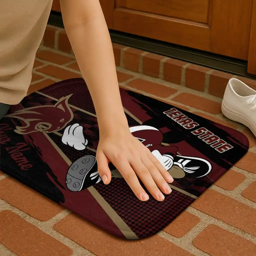 customized-texas-state-bobcats-mickey-quarterback-maroon-black-doormat-premium-grade.webp