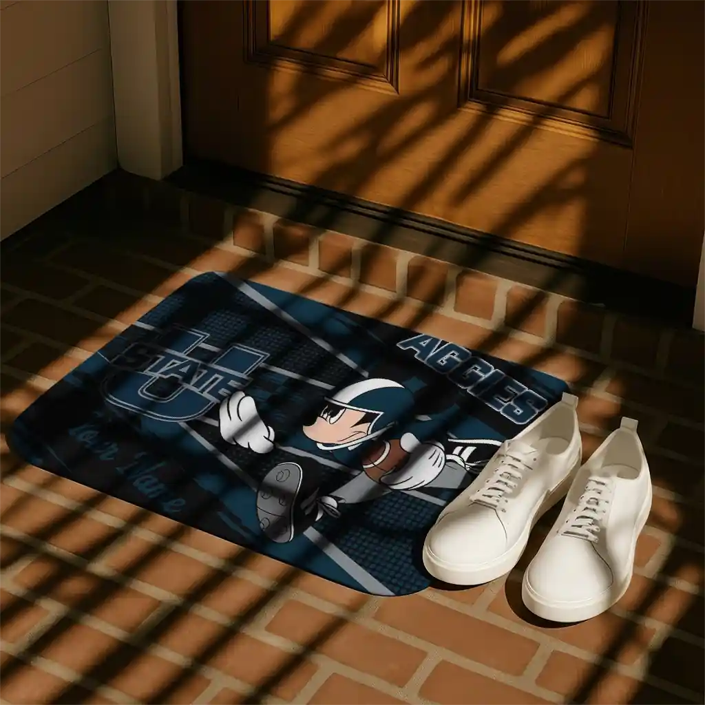 customized-utah-state-aggies-mickey-quarterback-navy-black-doormat-trendy.webp
