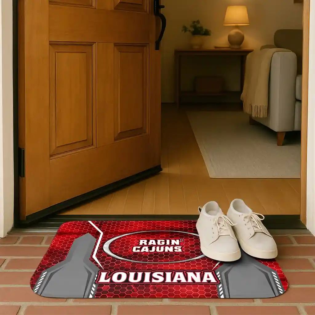 louisiana-ragin-cajuns-hexagon-oval-red-doormat-fashion-forward.webp
