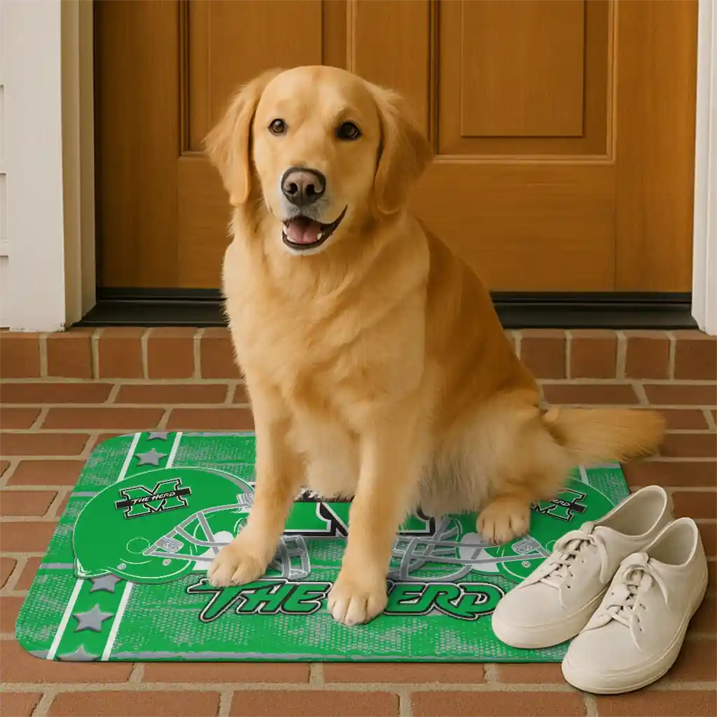 marshall-thundering-herd-helmet-illustration-green-doormat-high-quality.webp