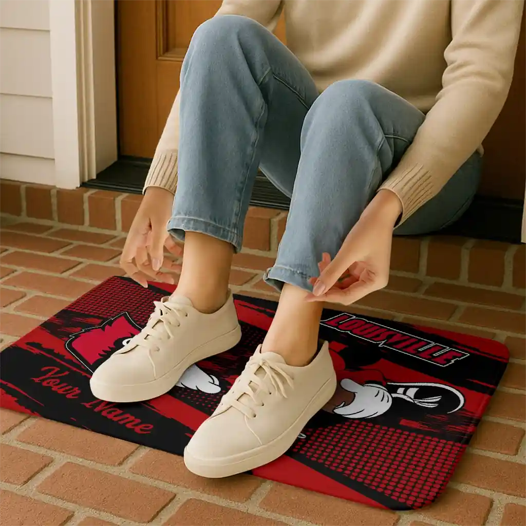 personalized-louisville-cardinals-mickey-quarterback-red-black-doormat-top-rated.webp