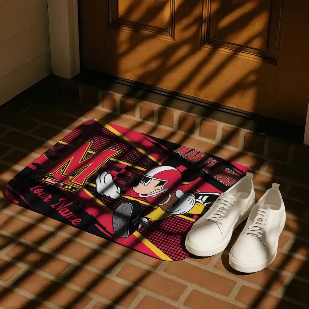 personalized-maryland-terrapins-mickey-quarterback-red-black-doormat-trendy.webp