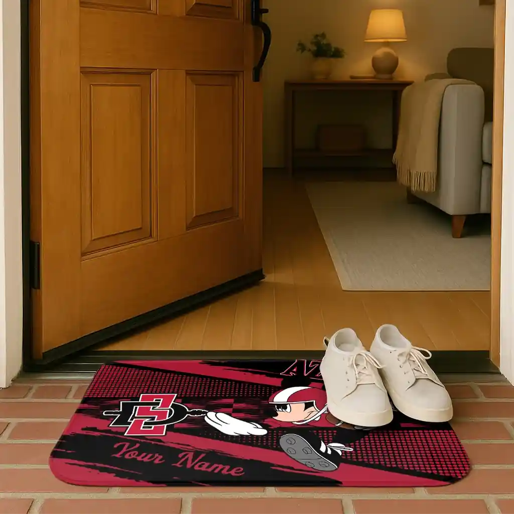 personalized-san-diego-state-aztecs-mickey-quarterback-red-black-doormat-fashion-forward.webp
