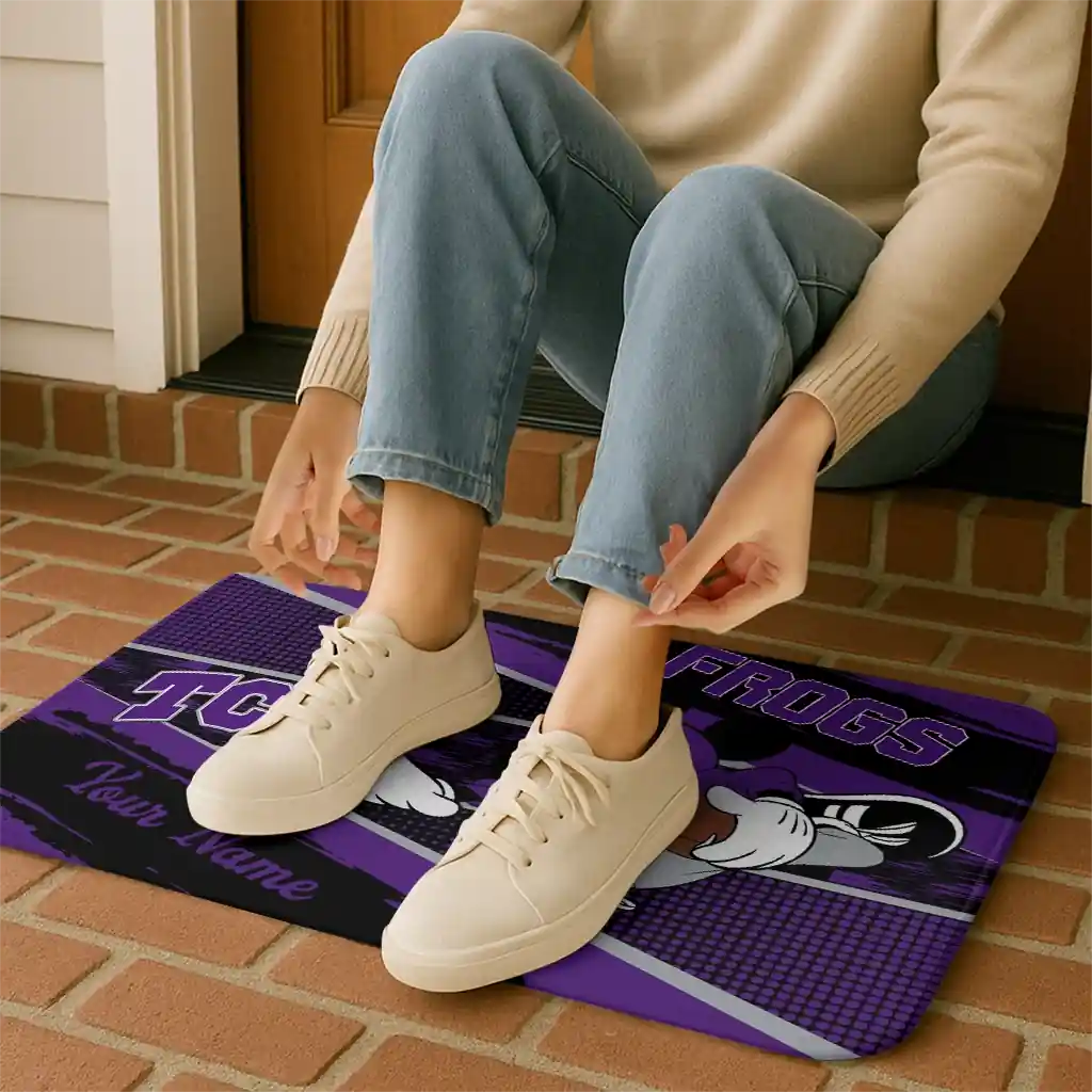 personalized-tcu-horned-frogs-mickey-quarterback-purple-black-doormat-top-rated.webp