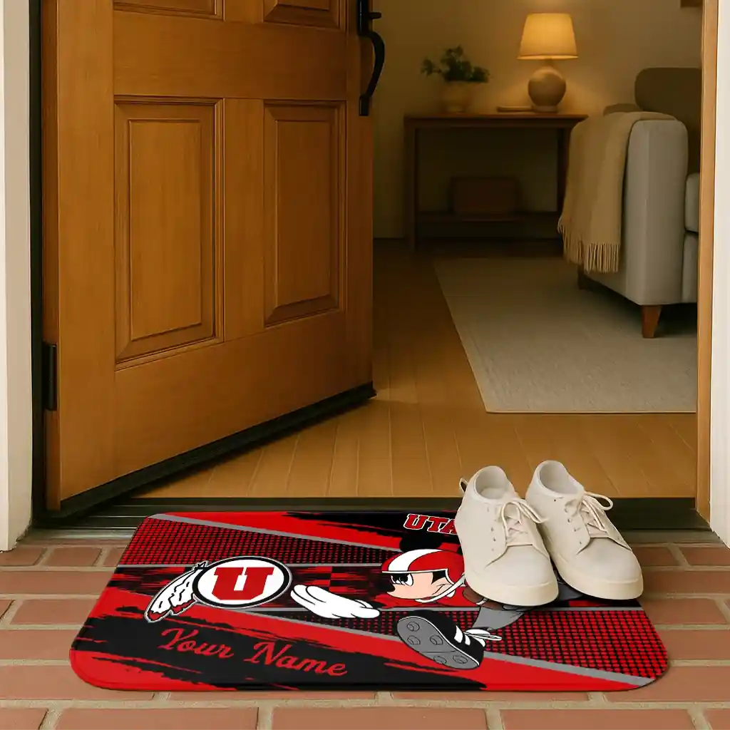 personalized-utah-utes-mickey-quarterback-red-black-doormat-fashion-forward.webp