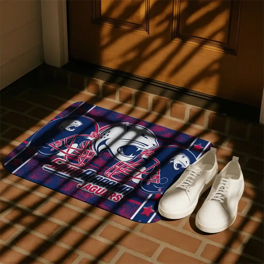 south-alabama-jaguars-helmet-illustration-blue-doormat-trendy.webp